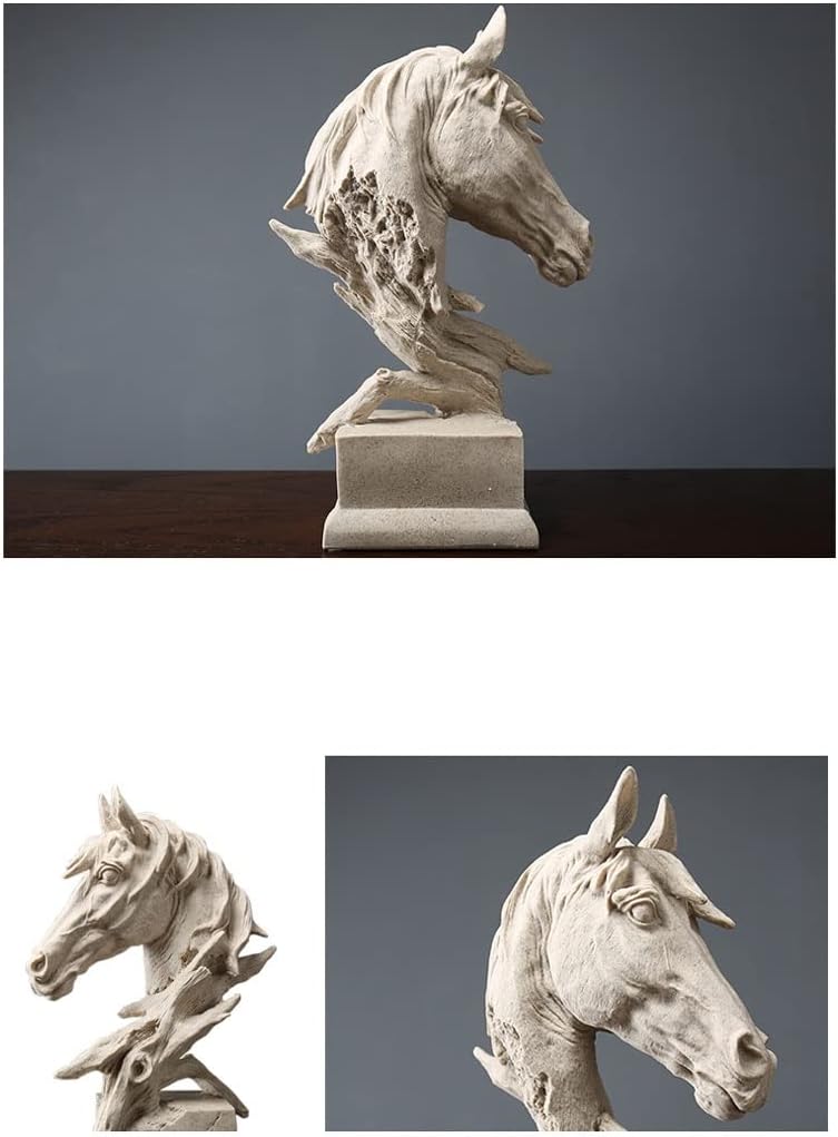 Stone white horse head bust sculpture - side and detail views showing flowing mane and facial features
