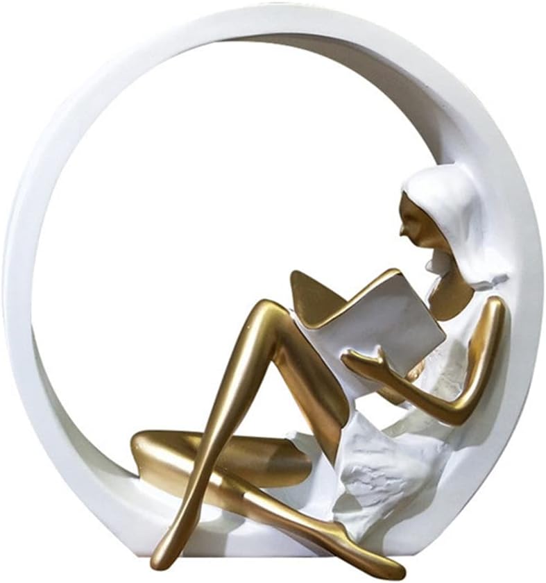 Abstract female figure reading, seated in a white circular ring frame