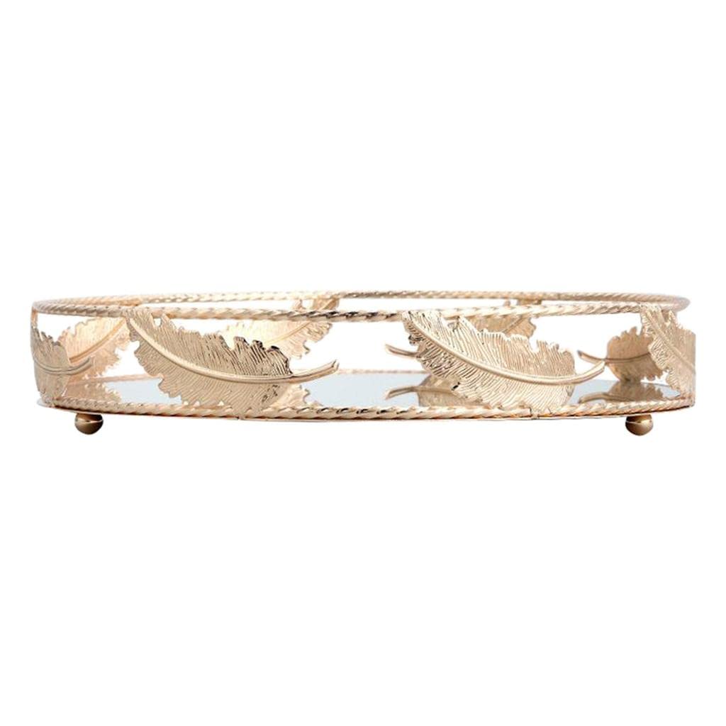 Gold feather leaf round mirror tray side view on white background showing ball feet