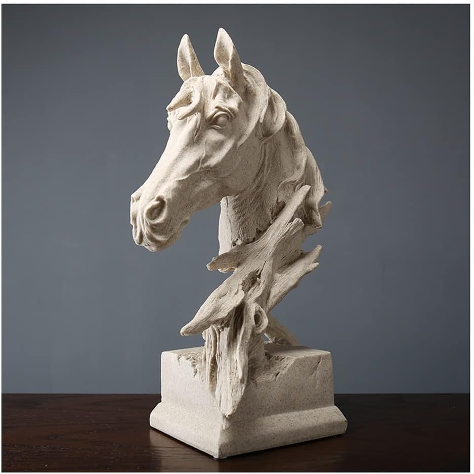 Stone white horse head bust sculpture - three-quarter view on dark wood surface showing stepped plinth base