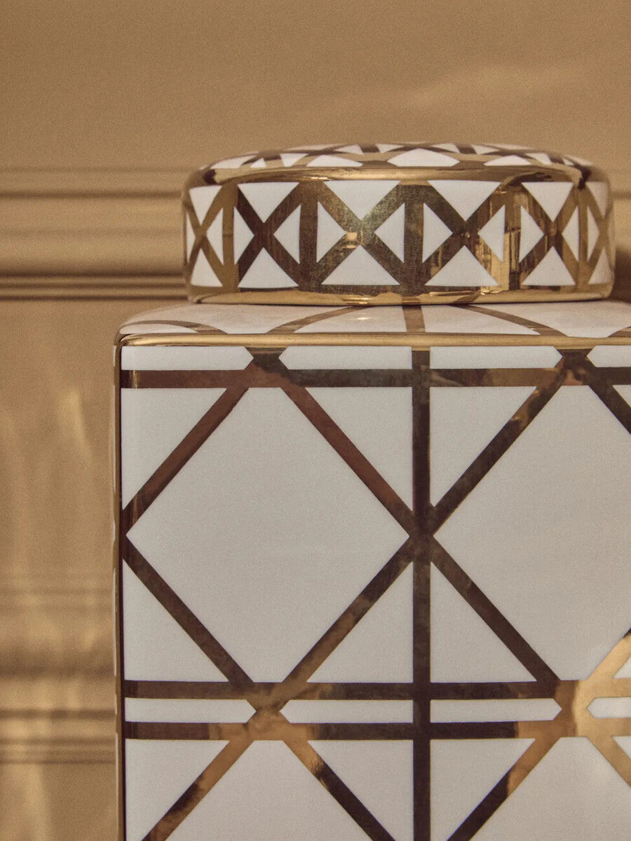 Gold & White Large Ceramic Jar With Lid