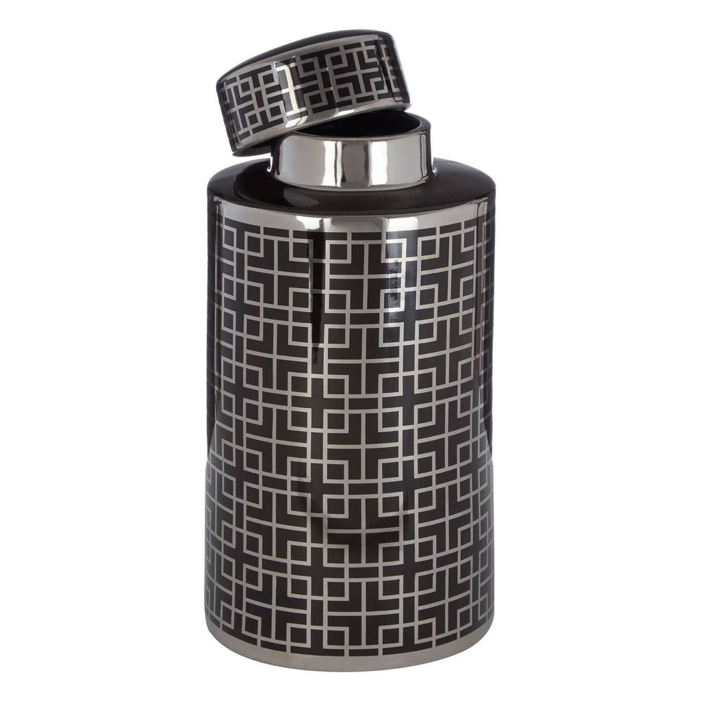 Geometric Ceramic Ginger Lidded Jar Black & Silver