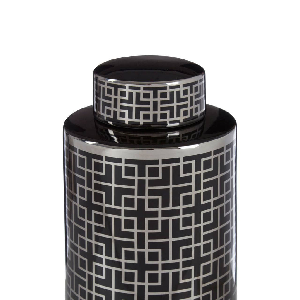 Geometric Ceramic Ginger Lidded Jar Black & Silver