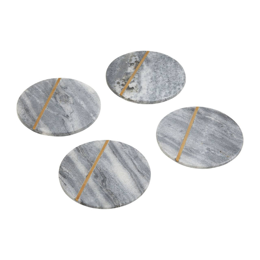 Close-up of grey marble-style coasters showing grey finish and gold-tone stripe