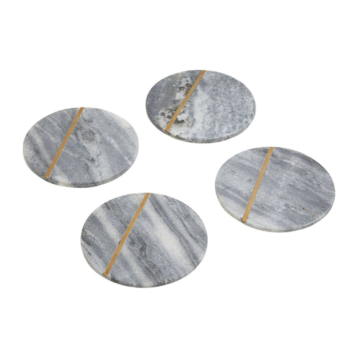 Close-up of grey marble-style coasters showing grey finish and gold-tone stripe