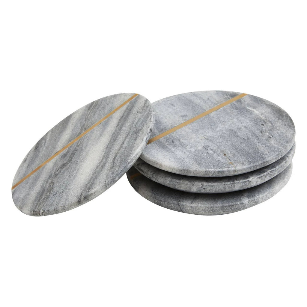 Stack of four grey marble-style coasters with gold-tone stripe