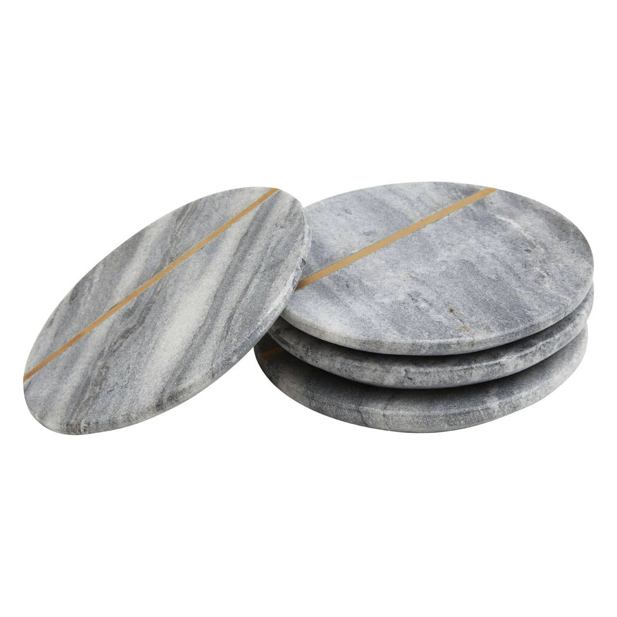 Stack of four grey marble-style coasters with gold-tone stripe