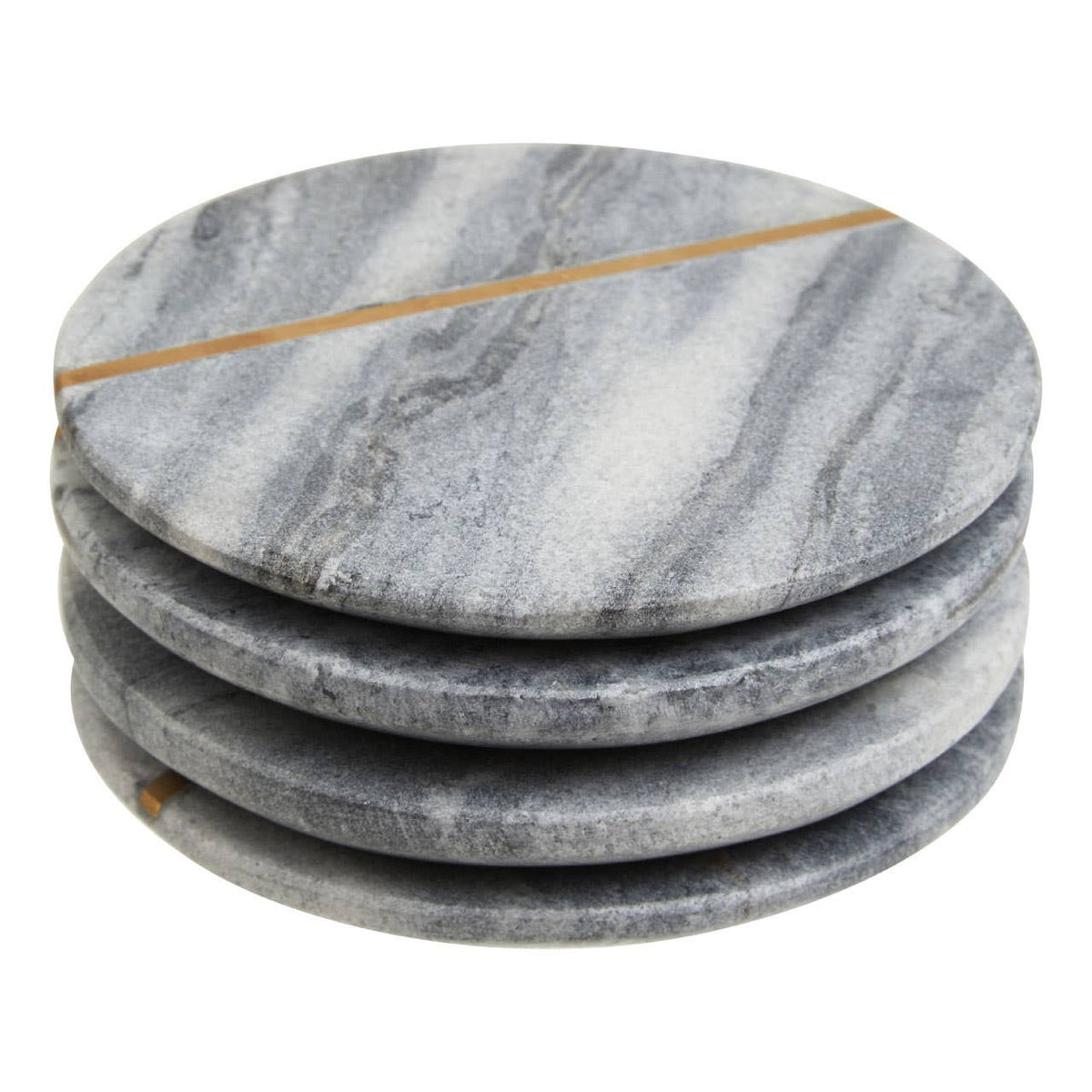Four grey marble-style coasters arranged together with gold-tone stripe