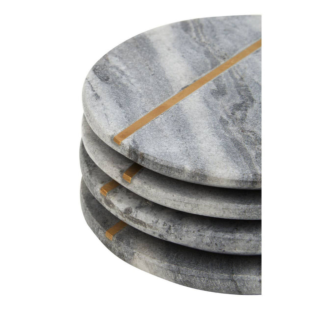 Packaged set of four grey marble-style coasters with gold-tone stripe
