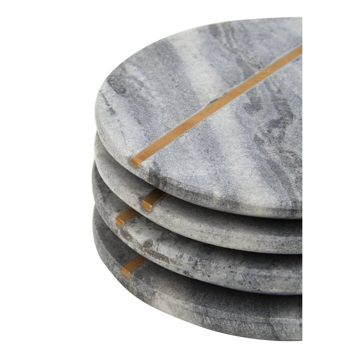 Packaged set of four grey marble-style coasters with gold-tone stripe