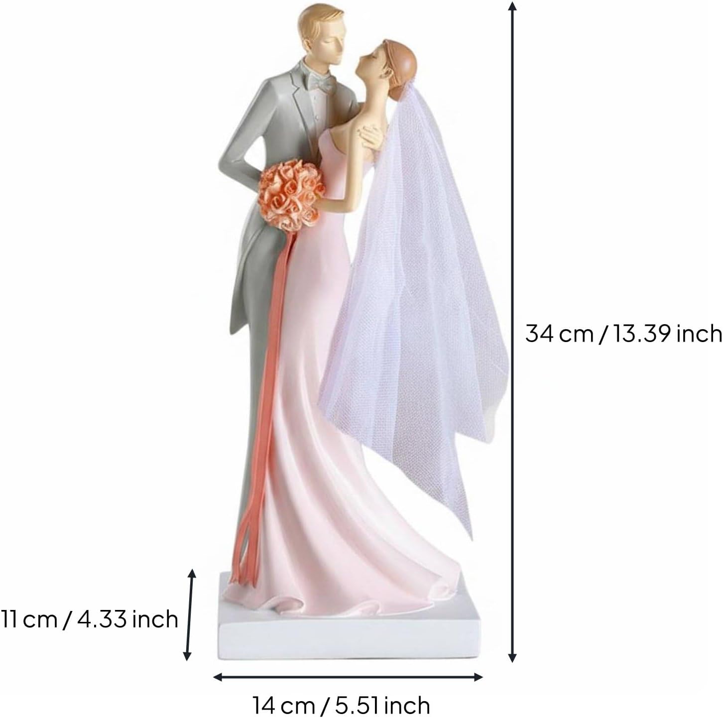 Pink wedding couple figurine dimensions - 34cm H x 14cm W x 11cm D on white background