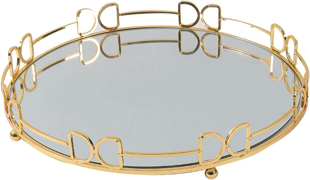 Gold mirror tray styled with bottles and wine glasses on kitchen counter