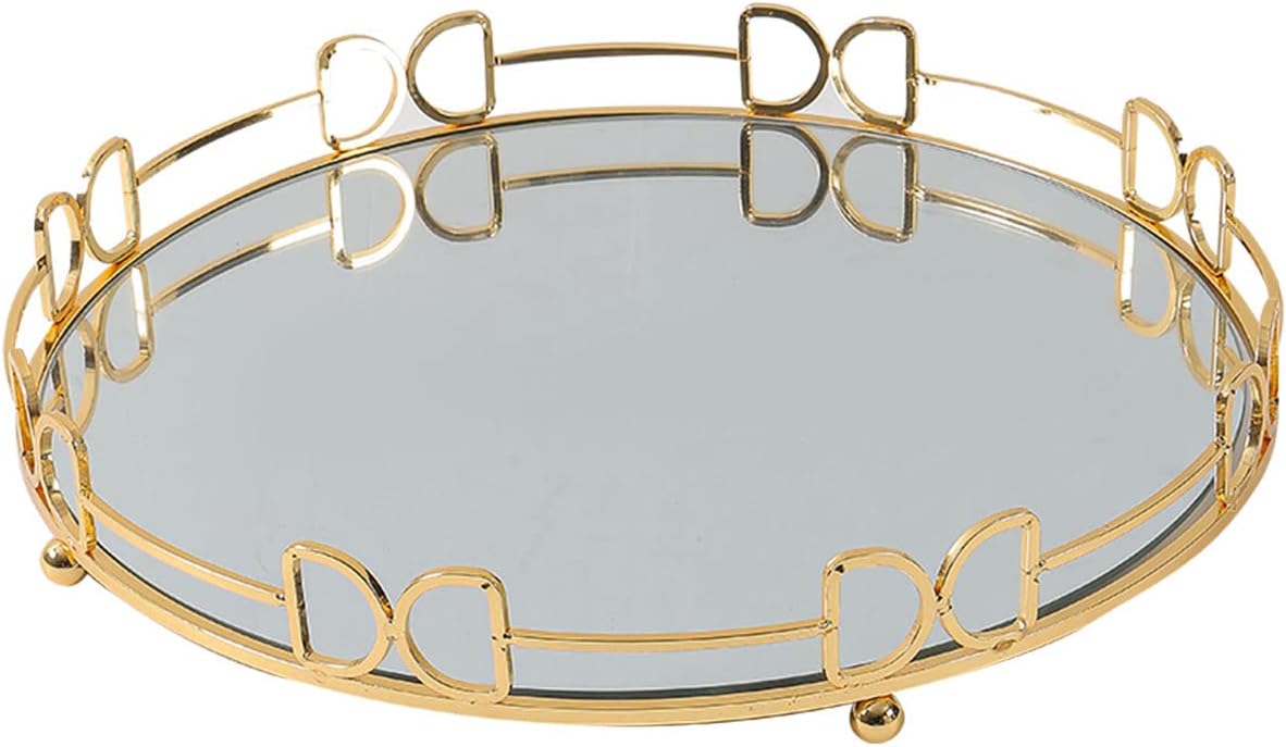 Gold mirror tray styled with bottles and wine glasses on kitchen counter
