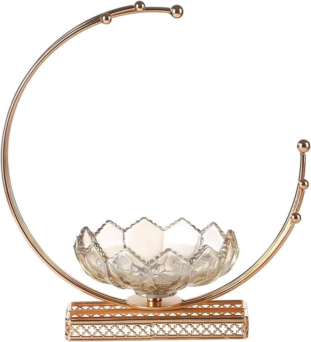 Gold C-shape crescent fruit bowl full product shot on white background