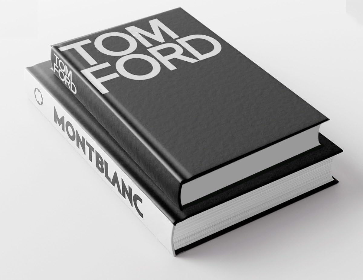 Tom Ford coffee table book stacked with Montblanc book on white surface – luxury styling flat lay