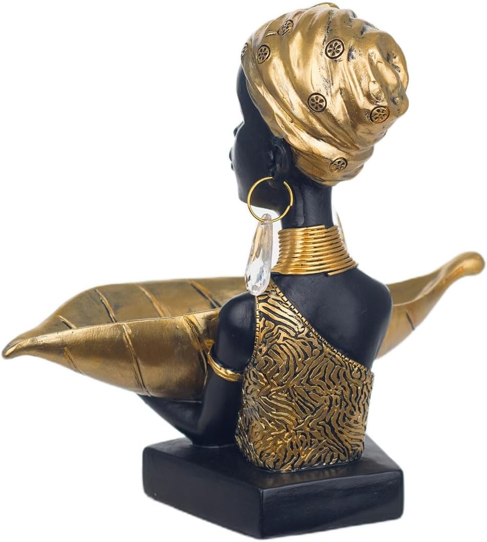 African lady bust sculpture with gold leaf tray - side view showing gold turban and crystal earring detail