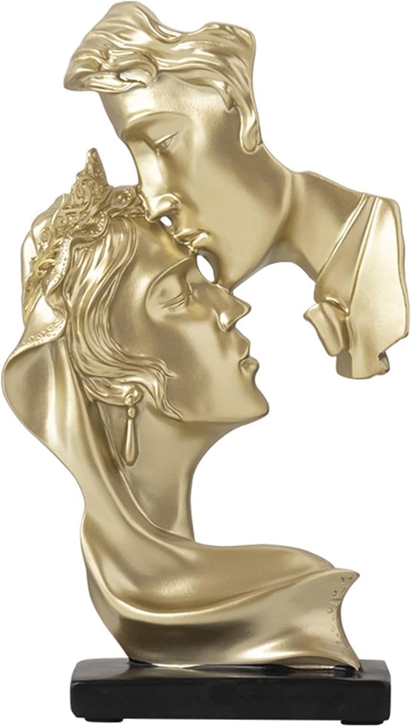 Gold kissing couple forehead sculpture - front view on white background showing crown and earring detail