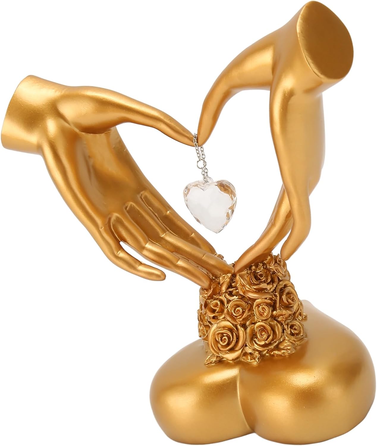 Gold two hands heart sculpture - side view showing rose bouquet base detail and crystal pendant on white background
