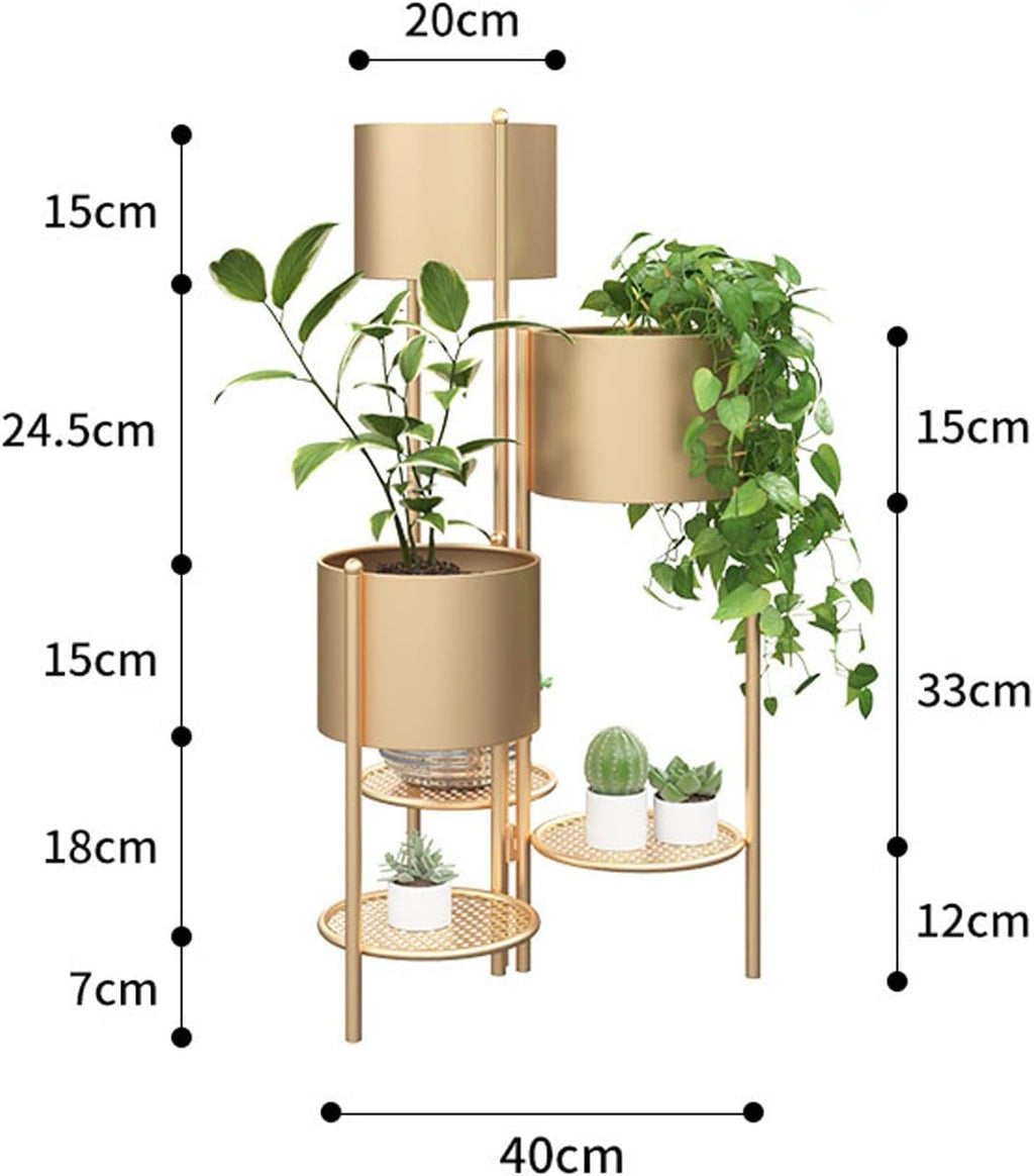 Gold 3-tier plant stand with dimensions diagram