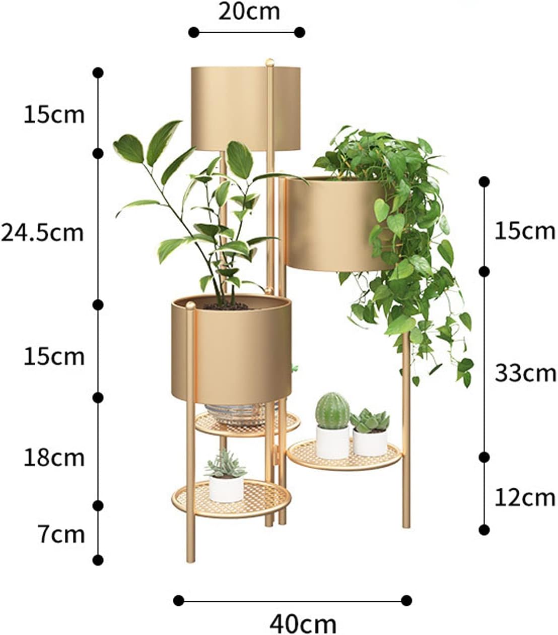 Gold 3-tier plant stand with dimensions diagram