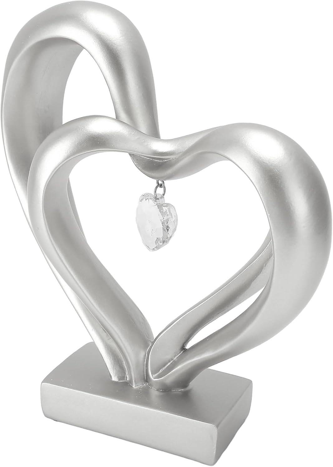 Double Heart Sculpture Abstract Love Figurine With Crystal Pendant Silver