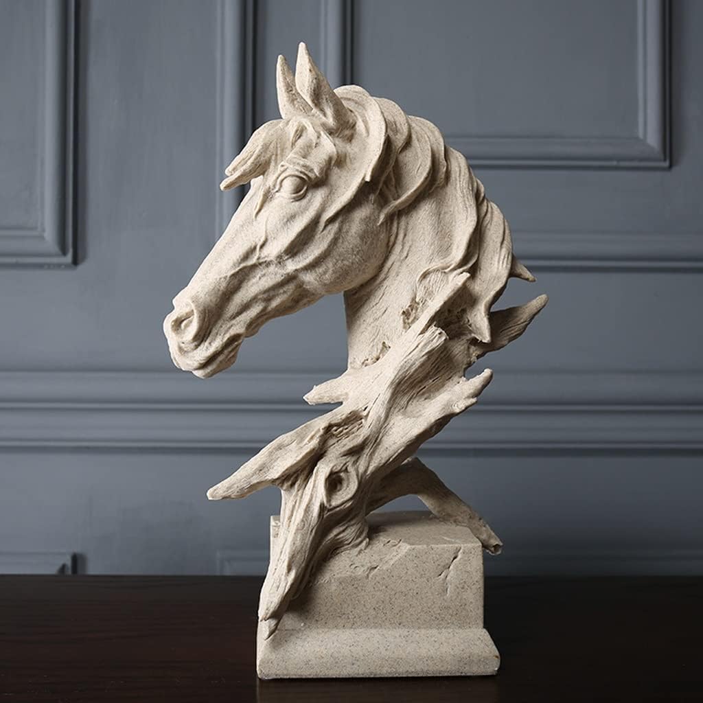 Stone white horse head bust sculpture - front view against grey panelled wall showing full detail