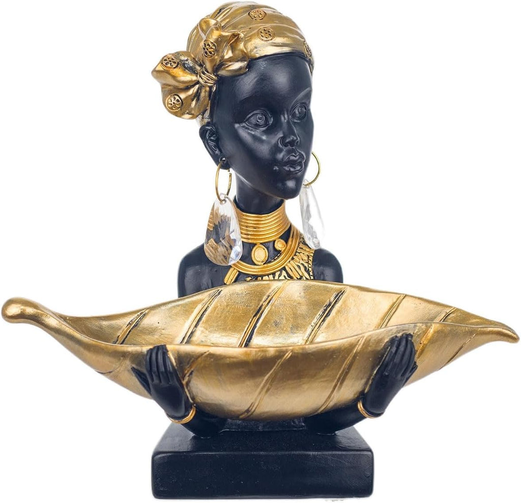 African lady bust sculpture with gold leaf tray - front view on white background