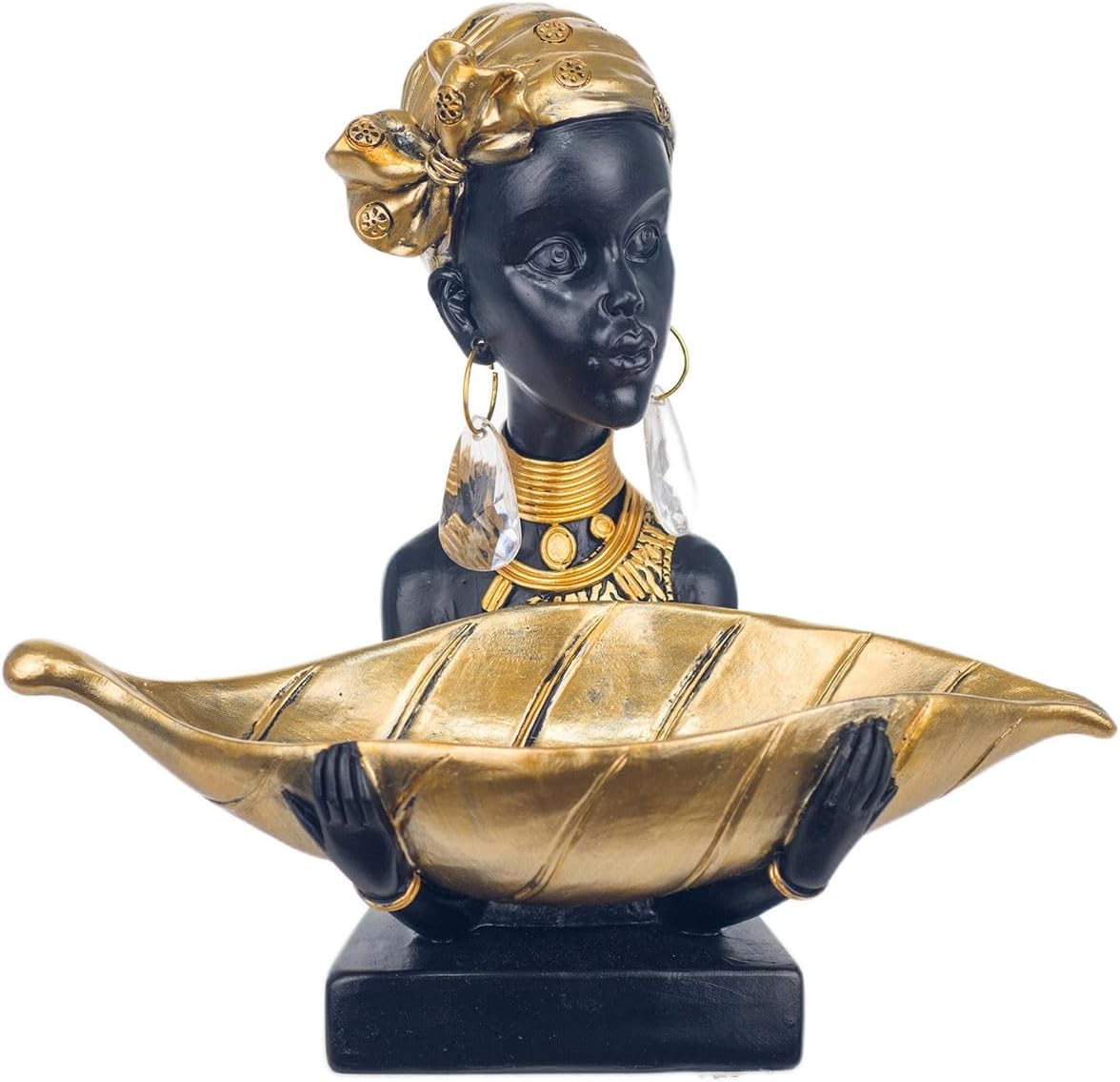African lady bust sculpture with gold leaf tray - front view on white background