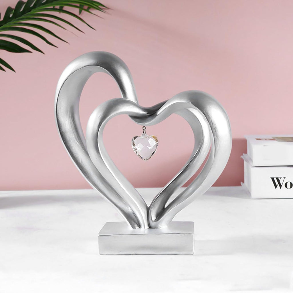 Double Heart Sculpture Abstract Love Figurine With Crystal Pendant Silver