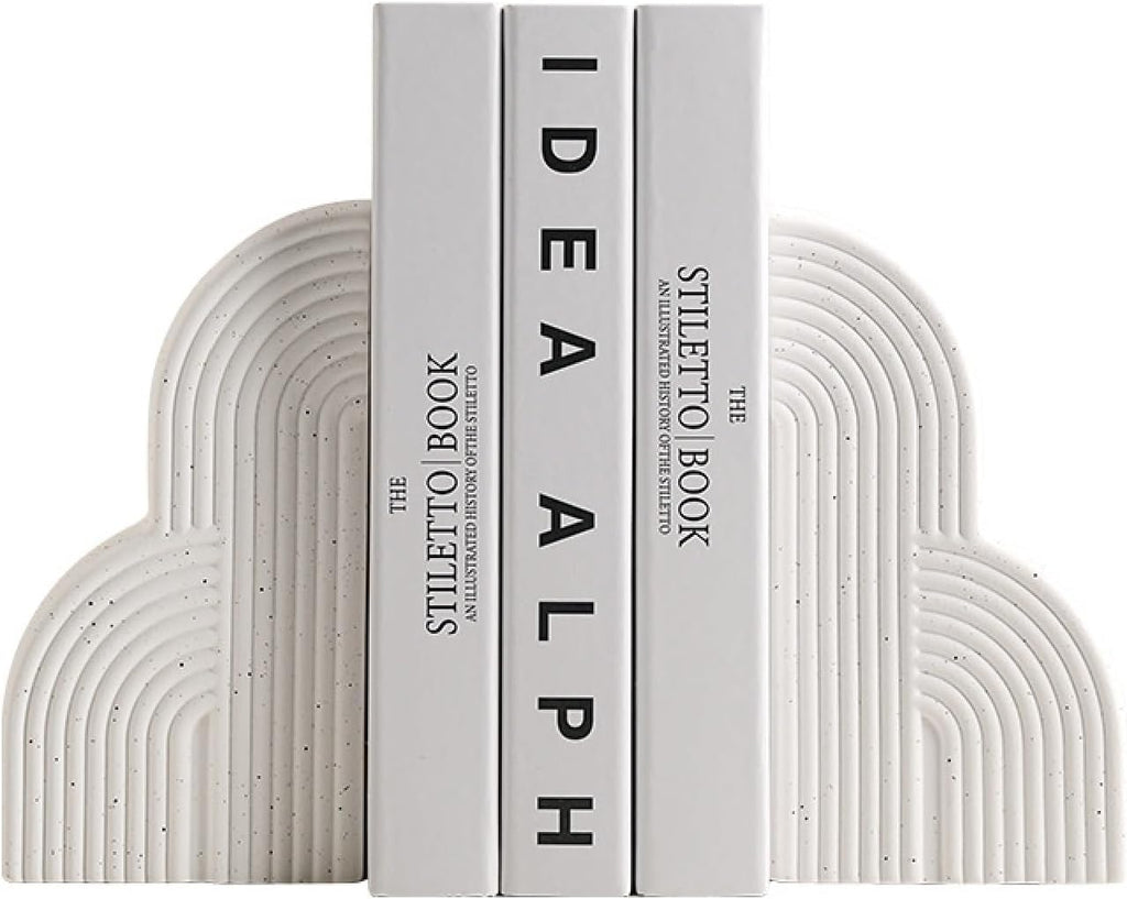 White arch ceramic bookends set of 2 on white background – product shot showing dimensions