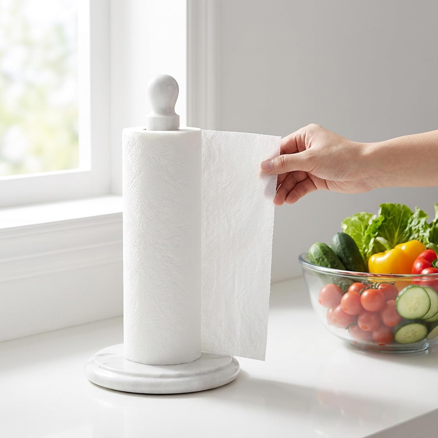 White marble paper towel holder in use on kitchen counter with vegetables