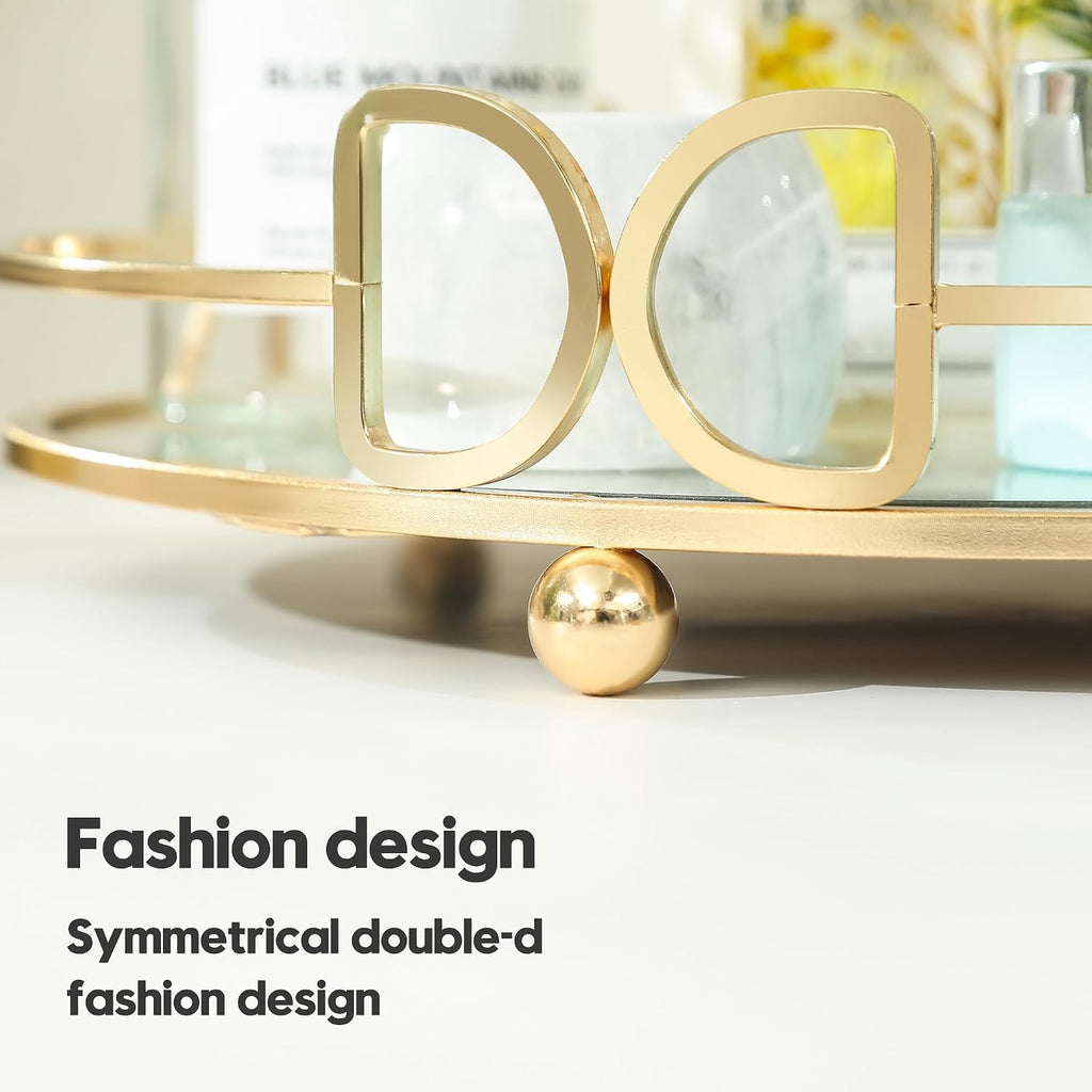 Gold mirror tray with perfumes and reed diffuser on white background