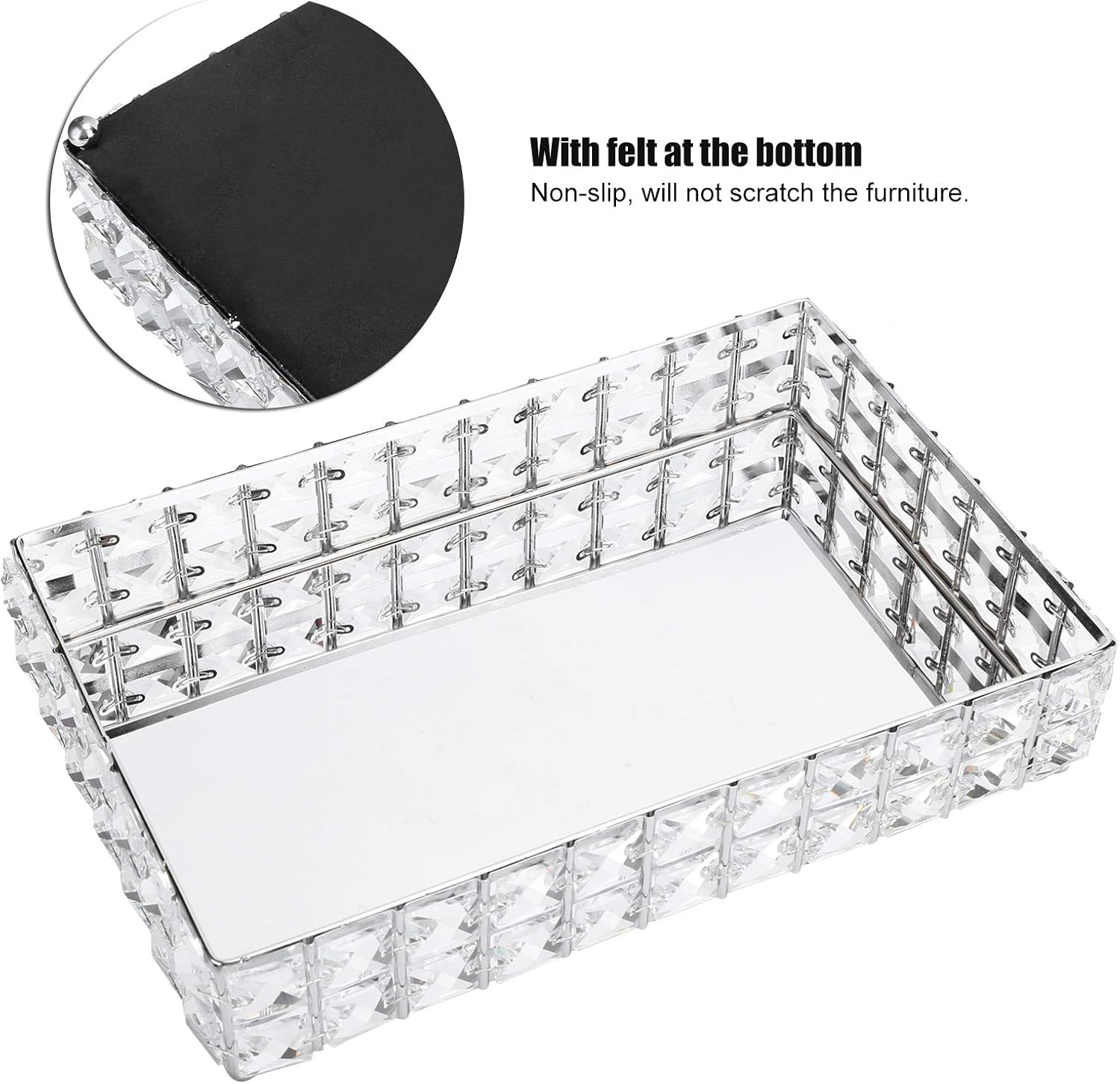 Silver crystal rectangular tray product shot showing felt non-slip base