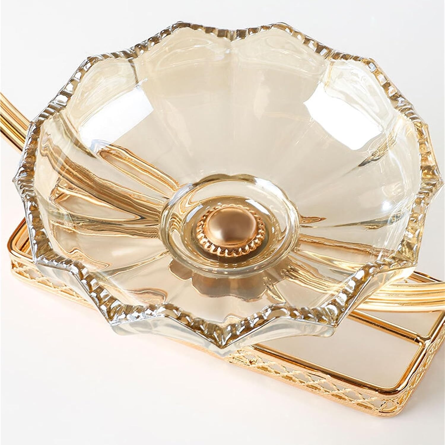 Top down view of lotus crystal glass bowl showing ribbed interior and gold centre