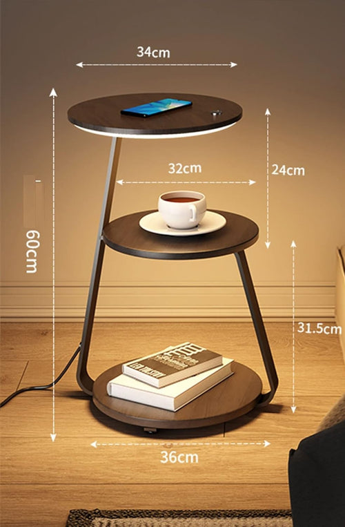 3-tier LED side table with wireless charging showing dimensions 60cm H, 34cm top, 36cm base