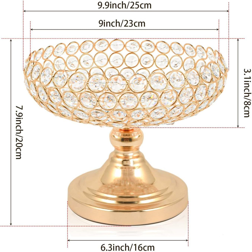 Gold crystal pedestal fruit bowl filled with fruit on dining table