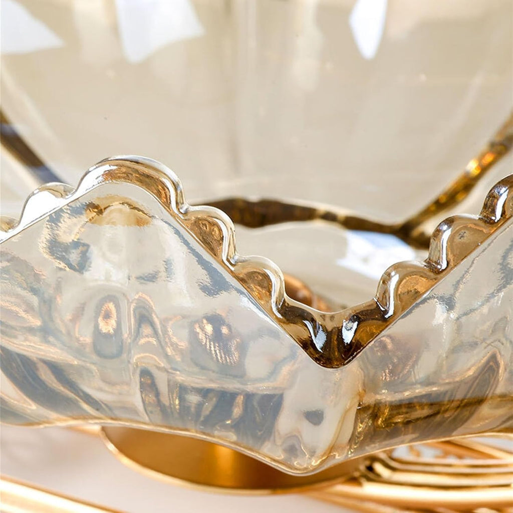 Close up of lotus crystal glass bowl with scalloped gold rim detail