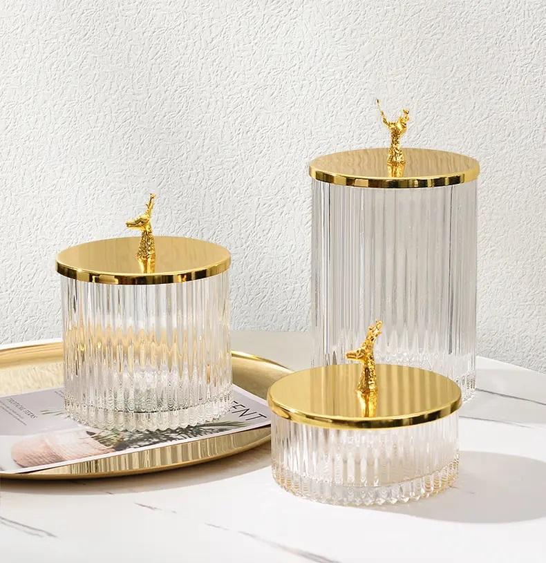 Ribbed Glass Storage Jar With Golden Stag Lid