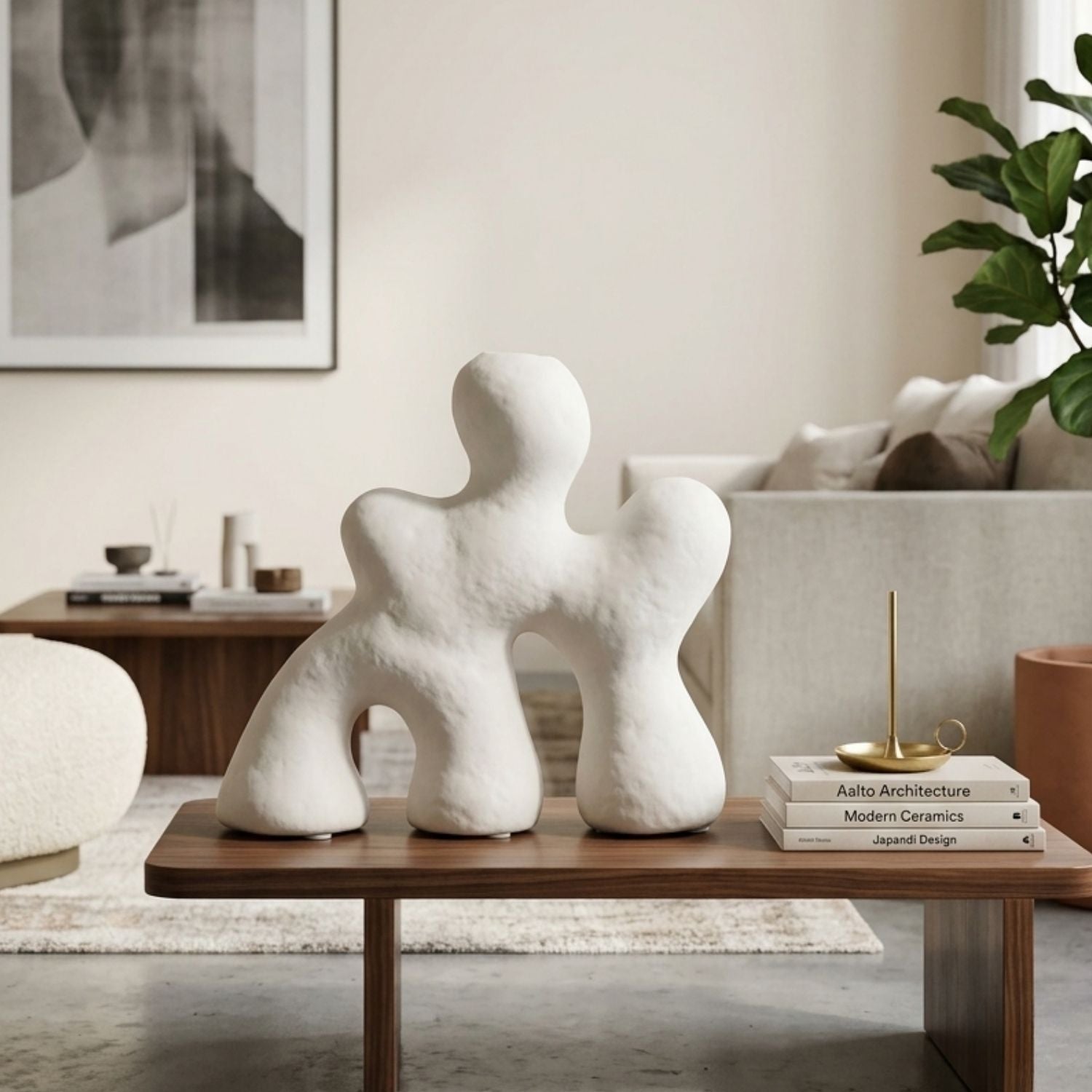 Three abstract white ceramic figurines arranged on a wooden coffee table in a modern, neutral-toned living room setting.