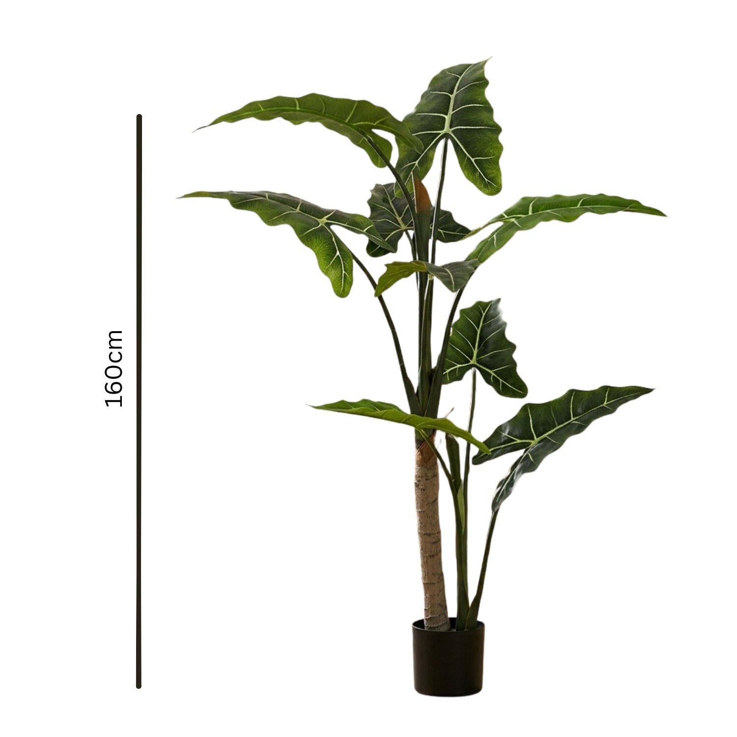 An artificial potted plant with large green tropical leaves and a textured light brown trunk, shown on a white background with a vertical height marker indicating 160cm.