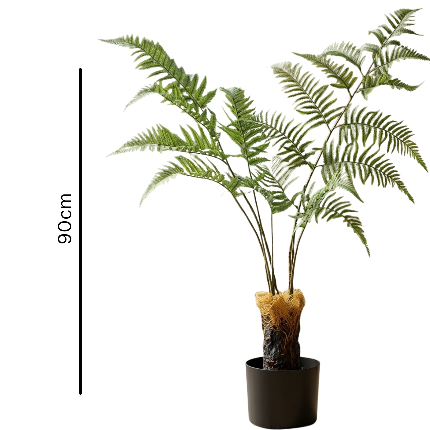 An artificial green fern plant in a black pot with a decorative brown trunk, shown on a white background with a vertical 90cm height marker on the left.