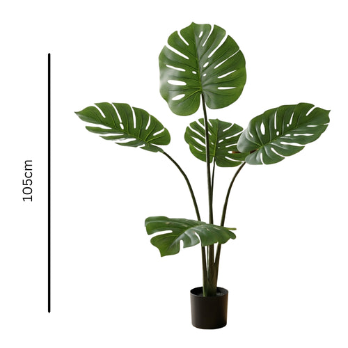 An artificial monstera plant in a black pot, shown against a white background with a vertical height marker indicating 105cm.