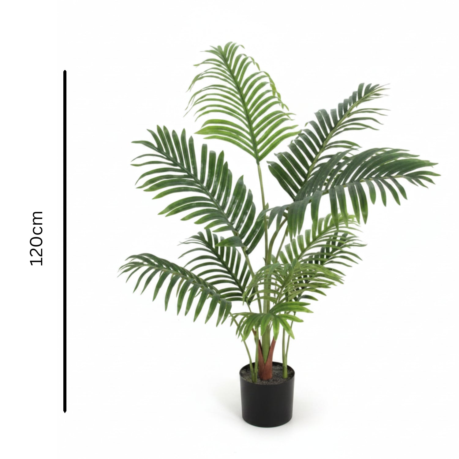 An artificial green palm-like plant in a black plastic pot on a white background, with a vertical black measurement line and the text '120cm' indicating height.