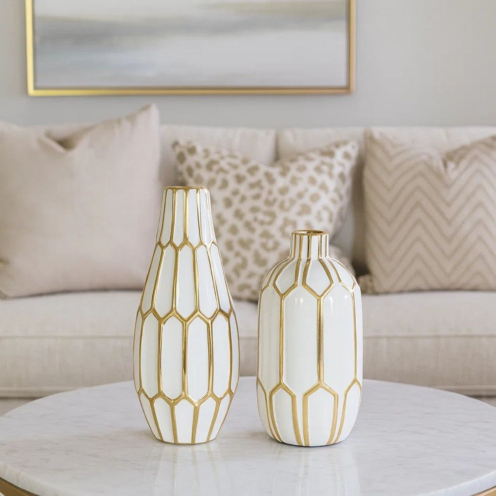White & Gold Geometric Ceramic Vase