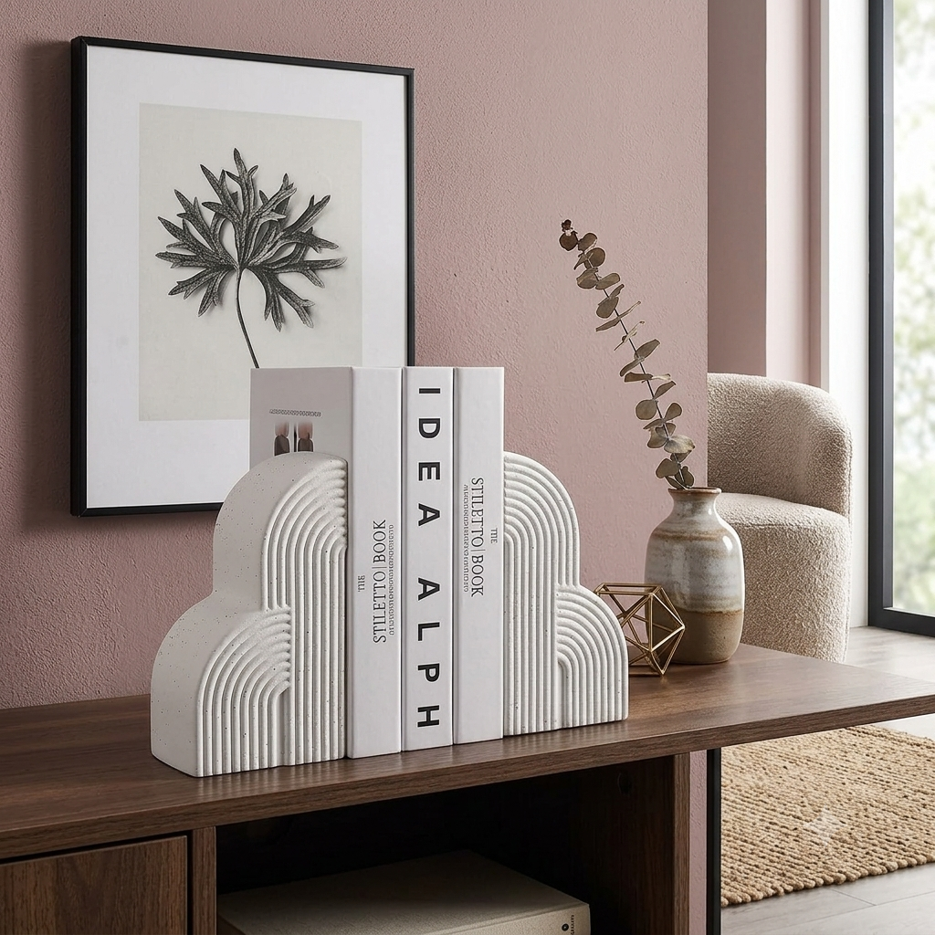 White cloud-shaped bookends holding three books on a wooden console table in a styled room with a pink wall, framed botanical print, vase, and armchair.
