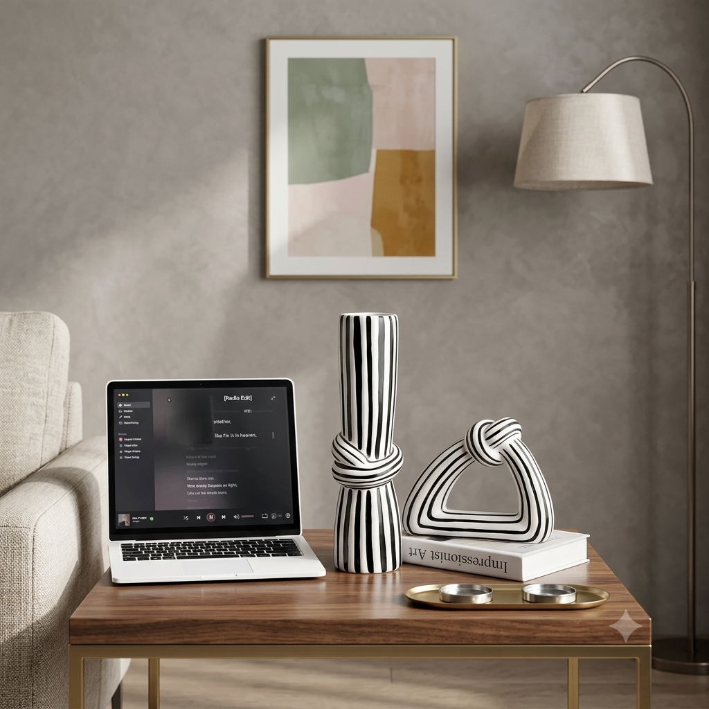 A styled interior scene showing a wooden coffee table with a laptop, two black-and-white striped decorative vases, a sculptural object on stacked books, and a textured gray wall behind. No person is present, but this is not a clean isolated product shot because it is set in a real room environment, so subject_type is Lifestyle.