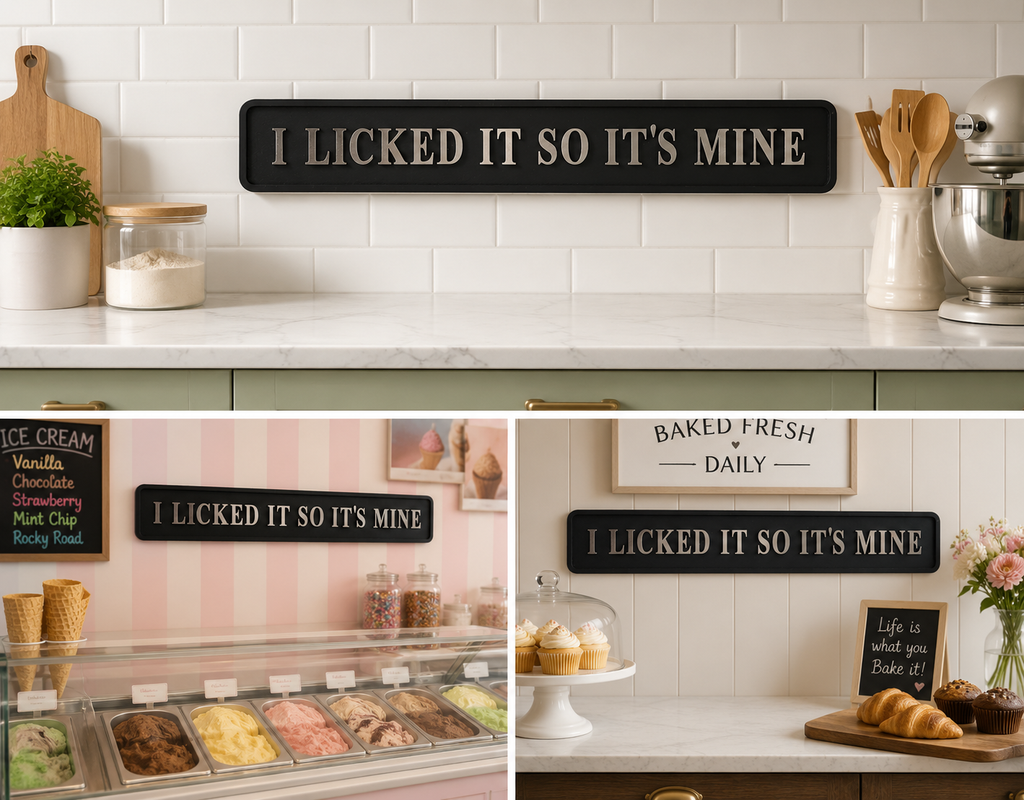 I Licked It So It's Mine sign in kitchen setting