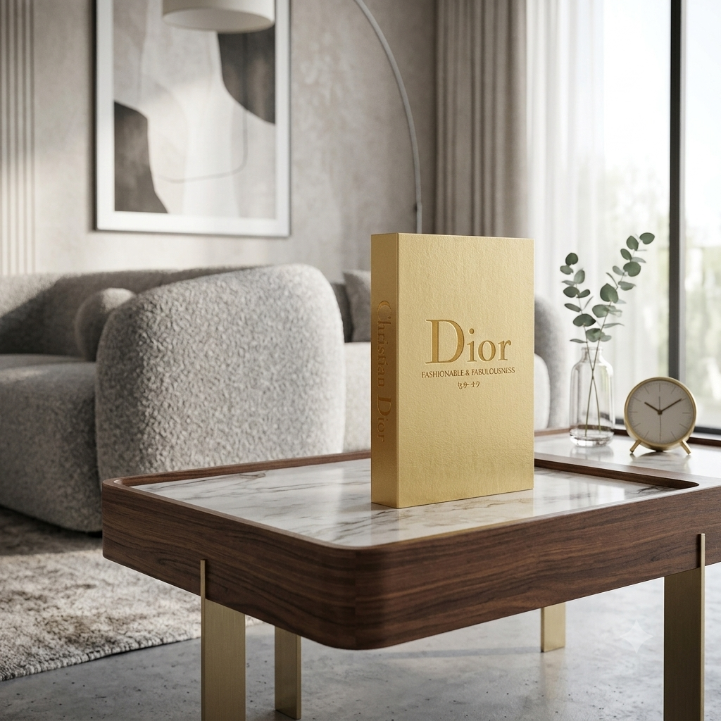 A gold hardcover book titled 'Dior' with 'FANTASIA & REALMATION' printed on the front, displayed on a modern wooden coffee table in a stylish, contemporary living room setting.