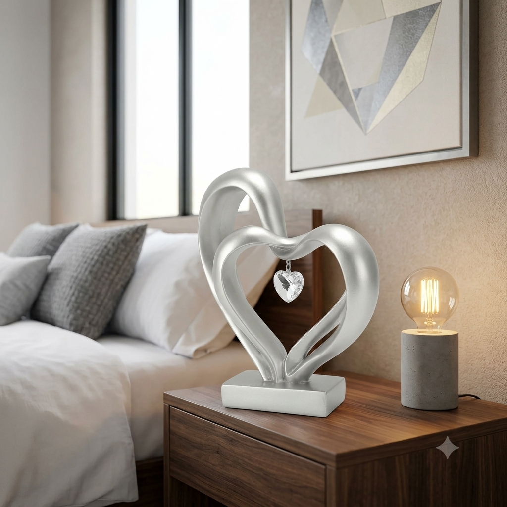 A silver heart-shaped decorative sculpture with a small hanging clear crystal, displayed on a wooden bedside table next to a lit table lamp in a modern bedroom setting.