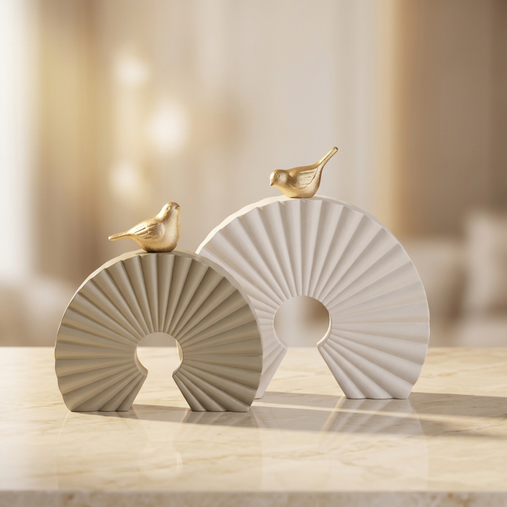 2pc Ribbed Fan Vase With Golden Bird Figurine